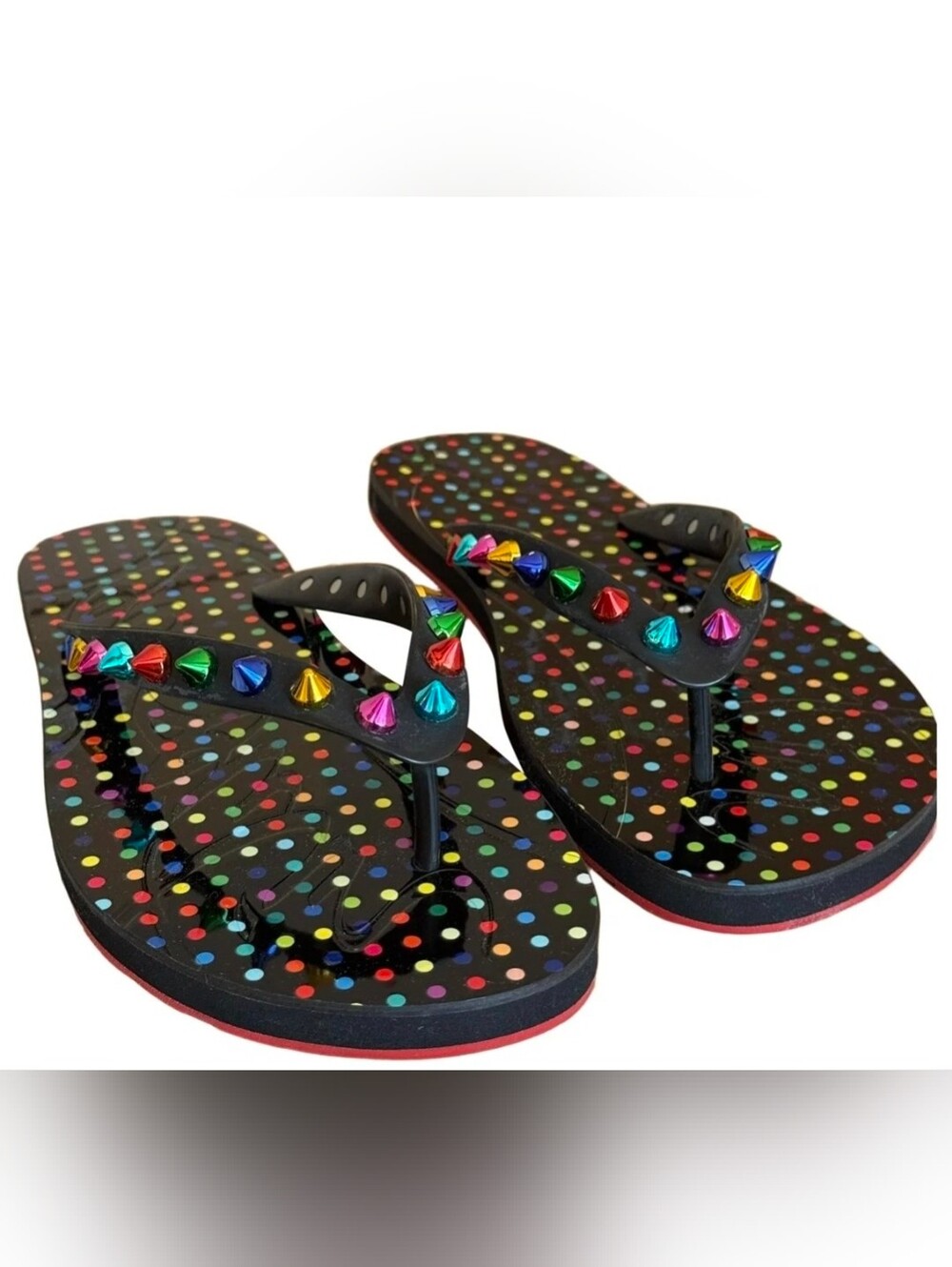 Christian Louboutin Black Polka Dot Flip Flop Sandals with Multicolor Studs